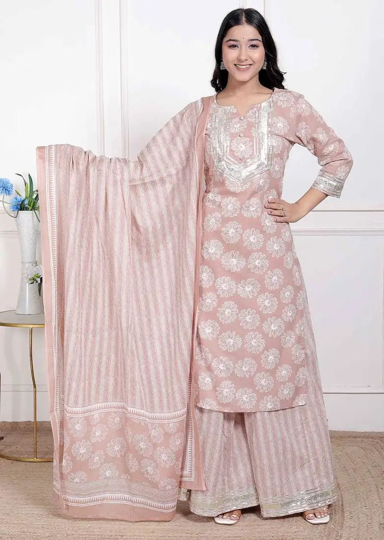 Doriyaan women brown floral printed cotton straight ethnic kurta with palazzo and dupatta stitched