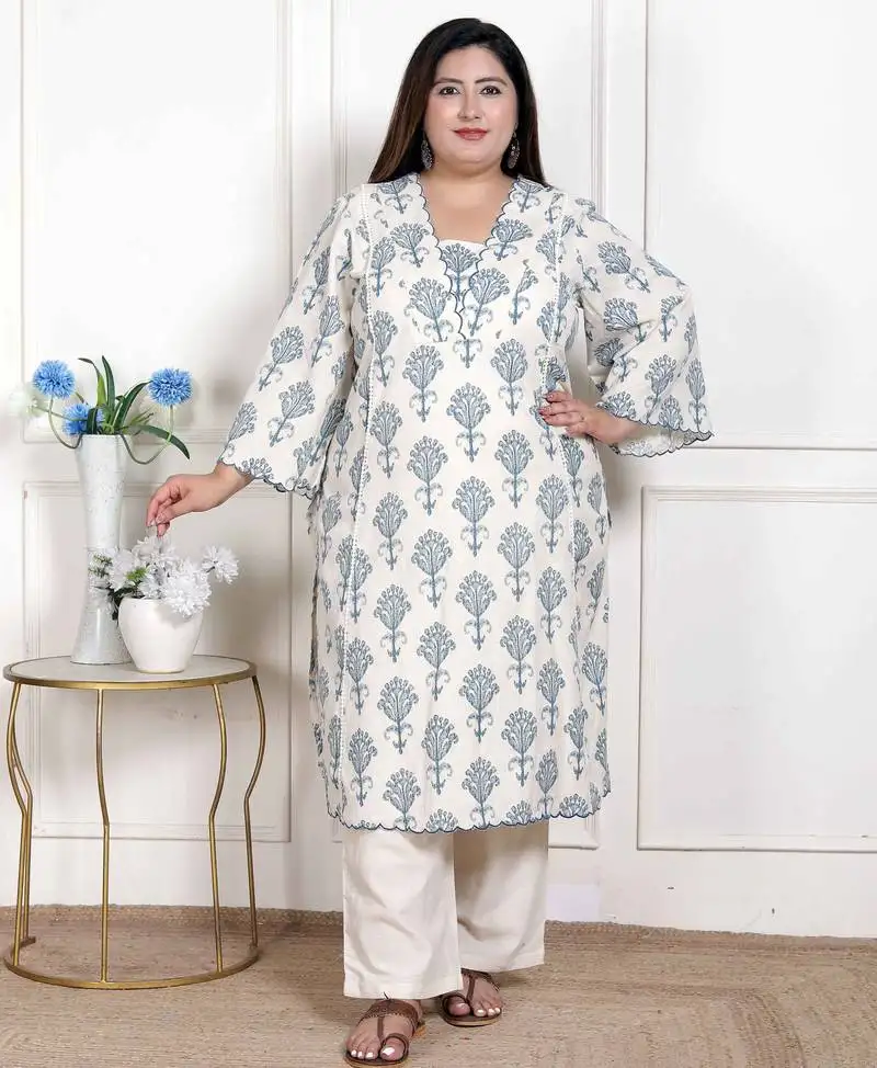 Doriyaan womens plus size off white floral printed cotton flex kurta with pant stitched