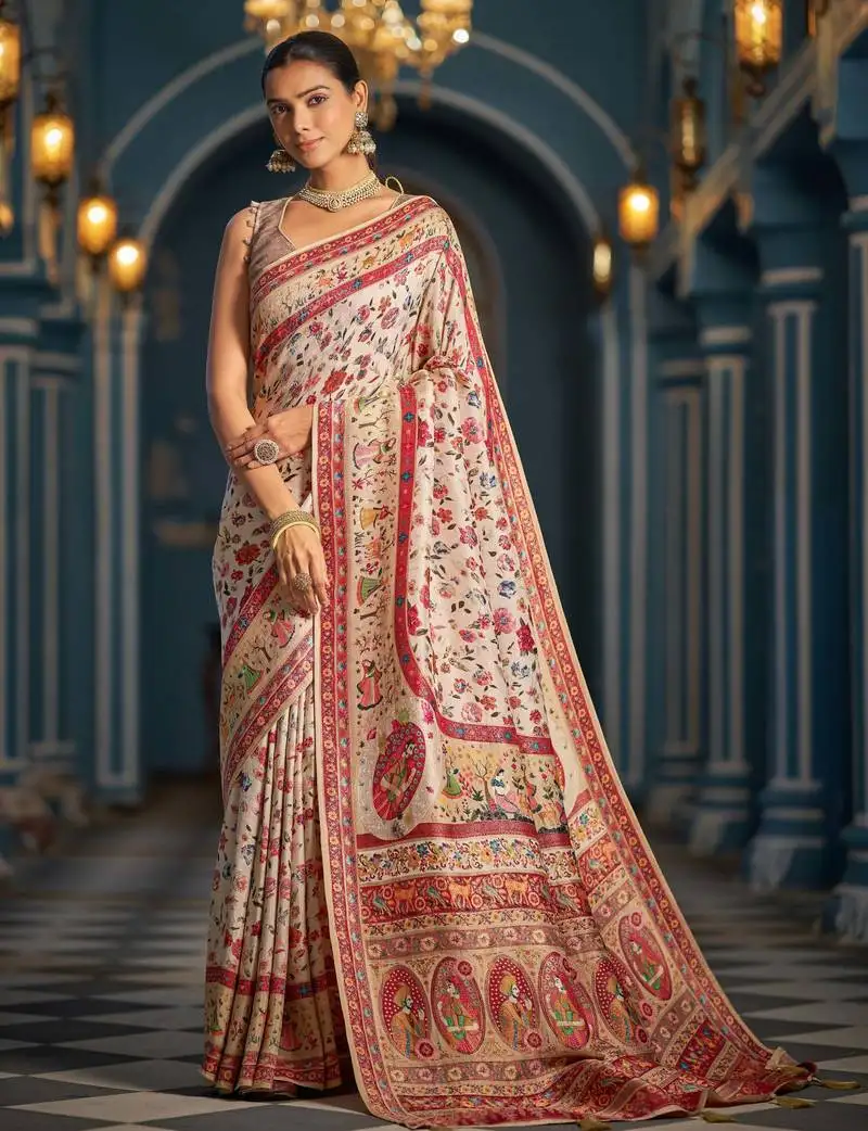 White red soft silk blend saree with unstitched blouse