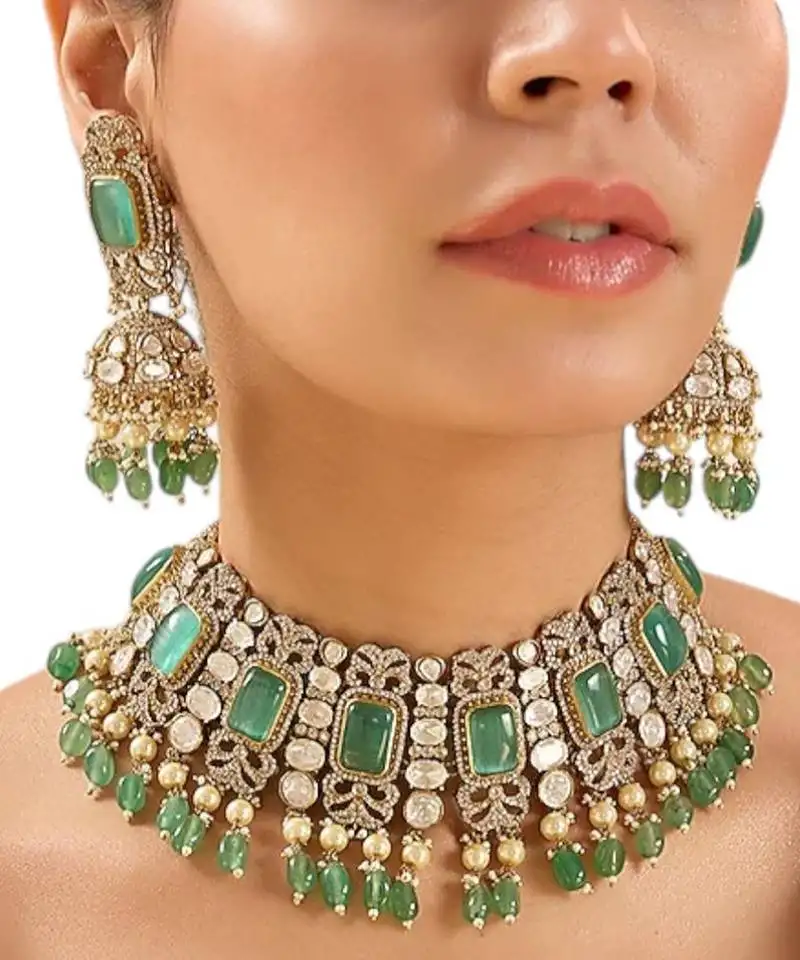 Gold plated blue stone kundan choker necklace set