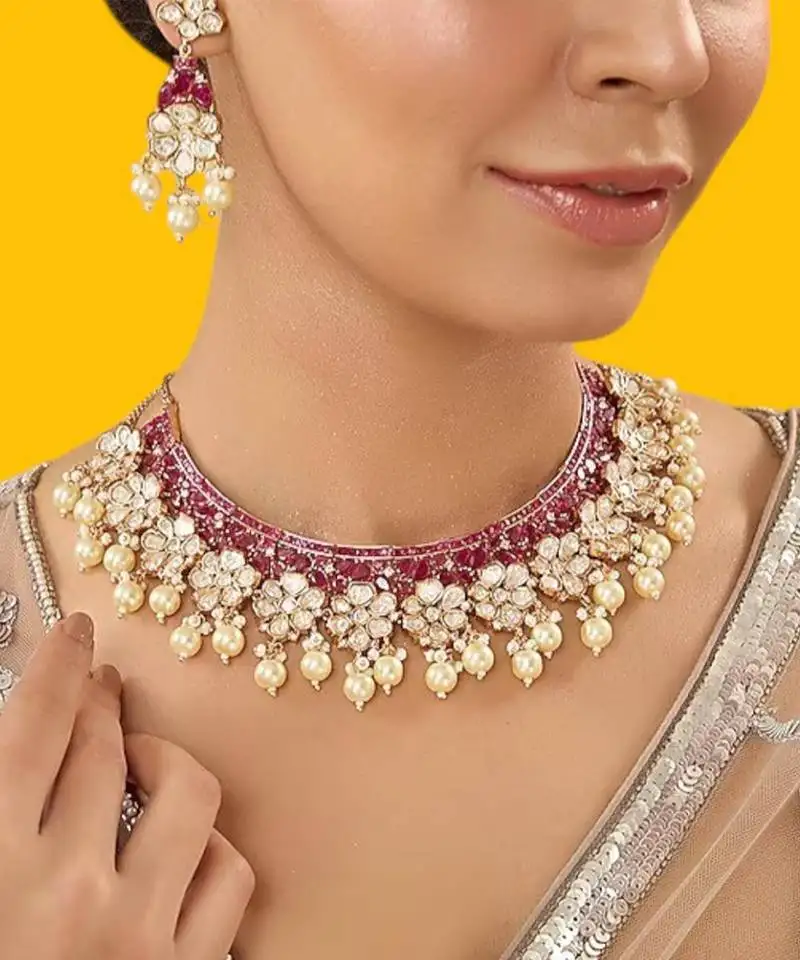 Gold plated red stone kundan necklace set