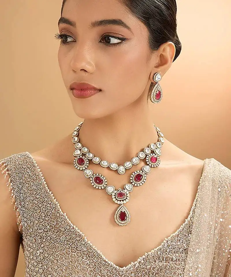 Gold plated red stone kundan layered necklace set