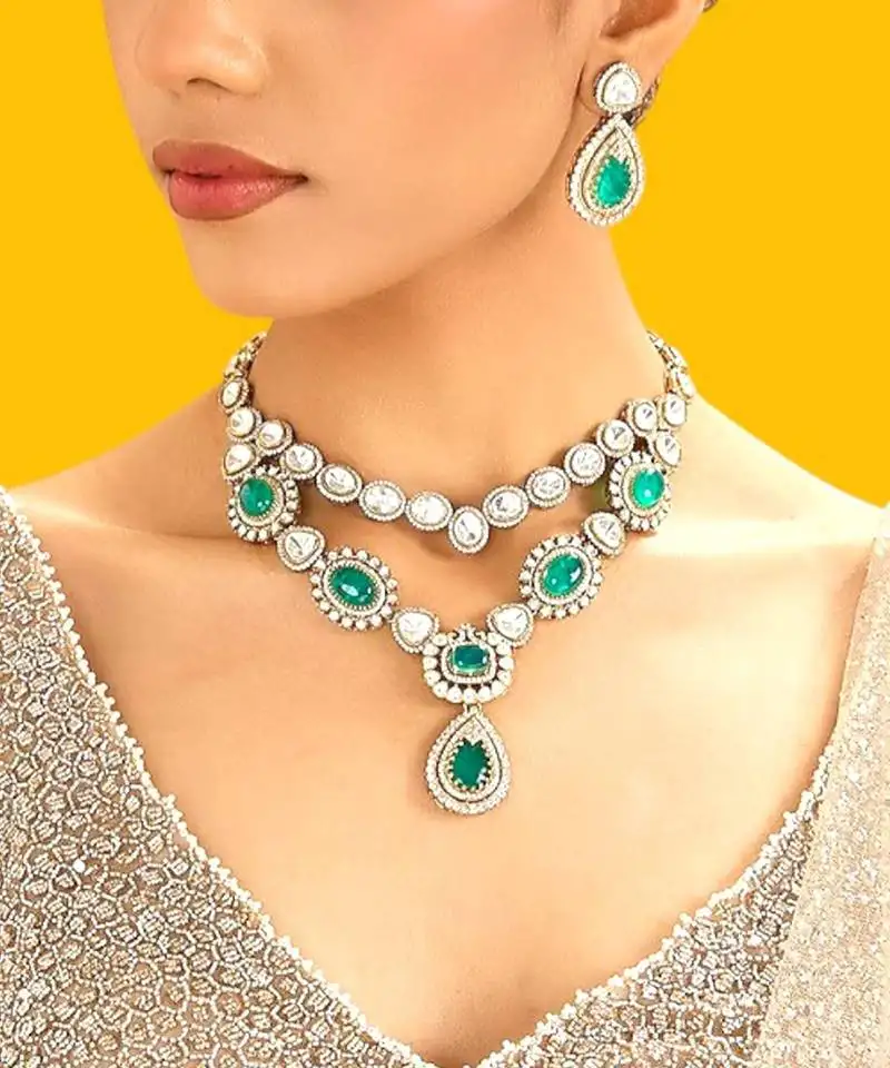 Gold plated green stone kundan layered necklace set