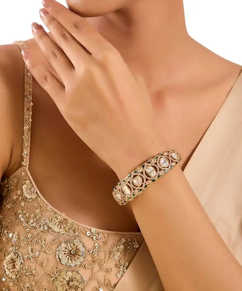 Gold plated green stone kundan bangle