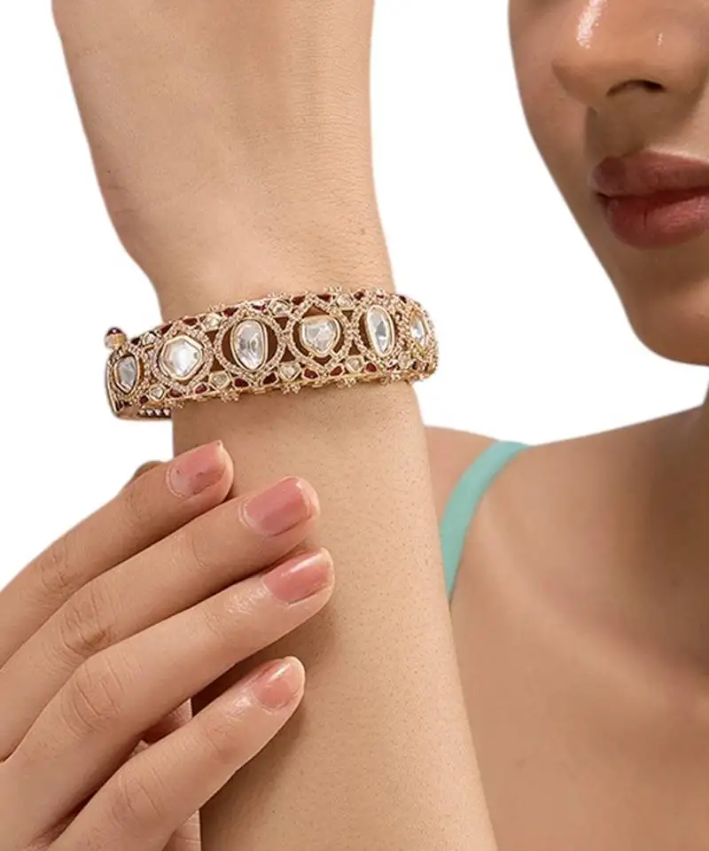 Gold plated red stone kundan bangle