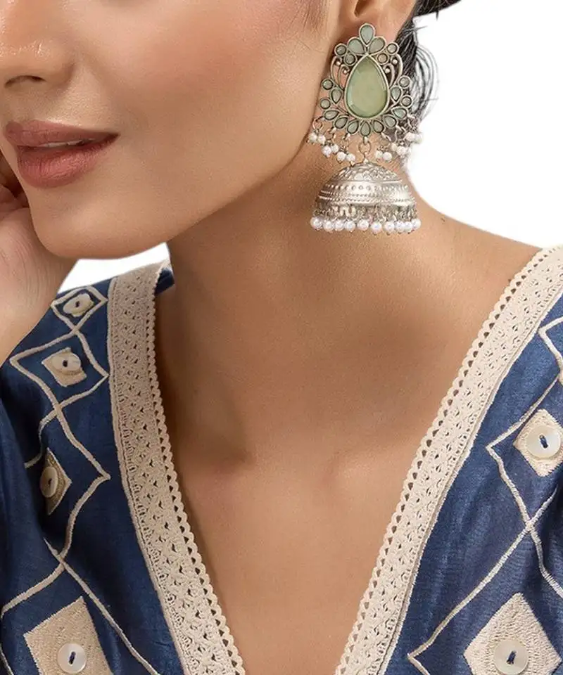 Silver plated green stone jhumkas