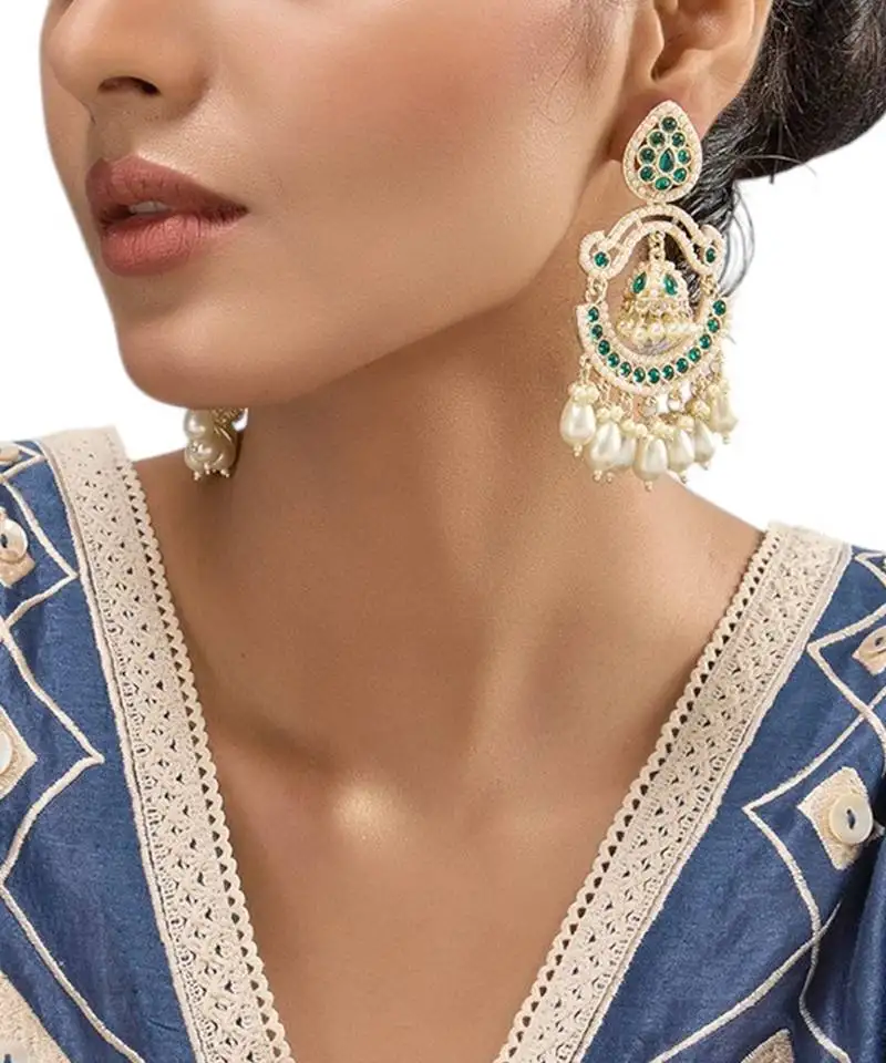 Gold plated green stone kundan chandbali earrings