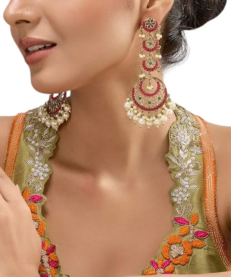 Gold plated red stone kundan dangler earrings
