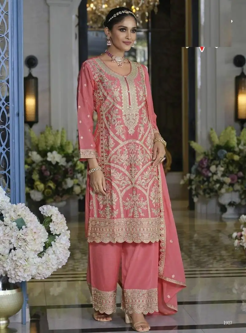 Light pink heavy chinon silk palazzo suits - full stitched free size upto 44