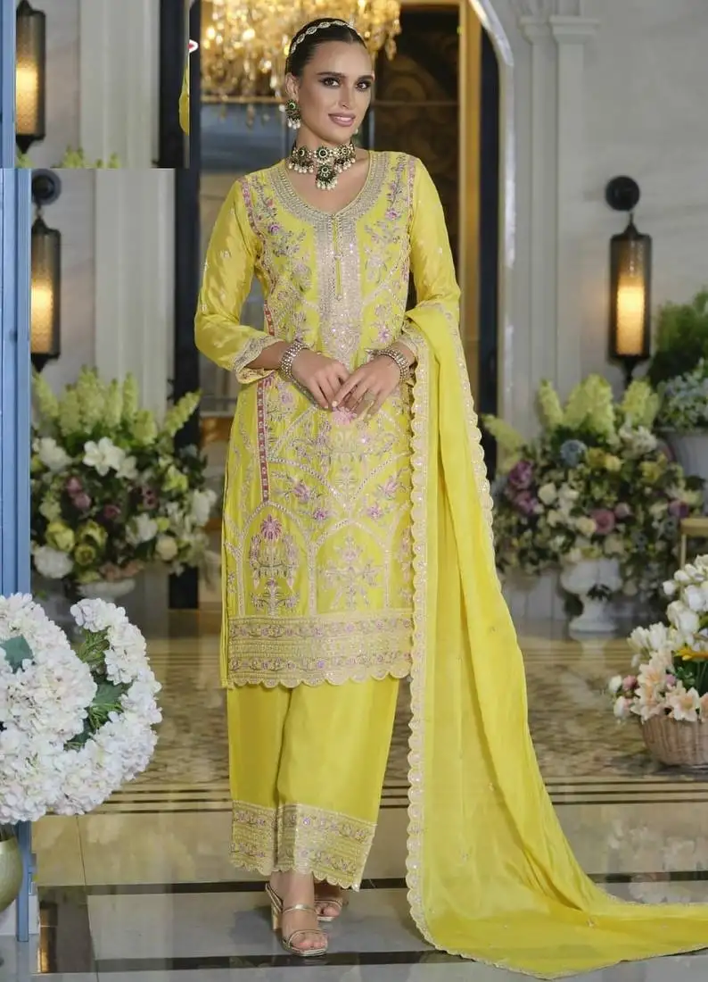 Light yellow heavy chinon silk palazzo suits - full stitched free size upto 44