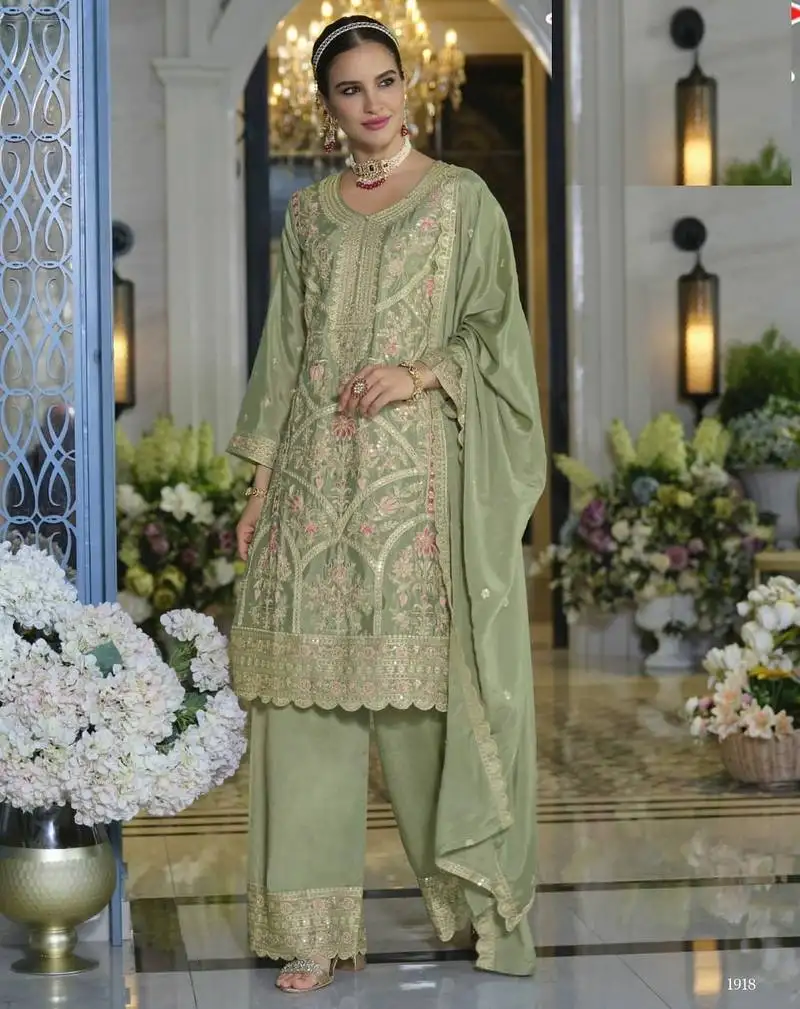 Light green heavy chinon silk palazzo suits - full stitched free size upto 44