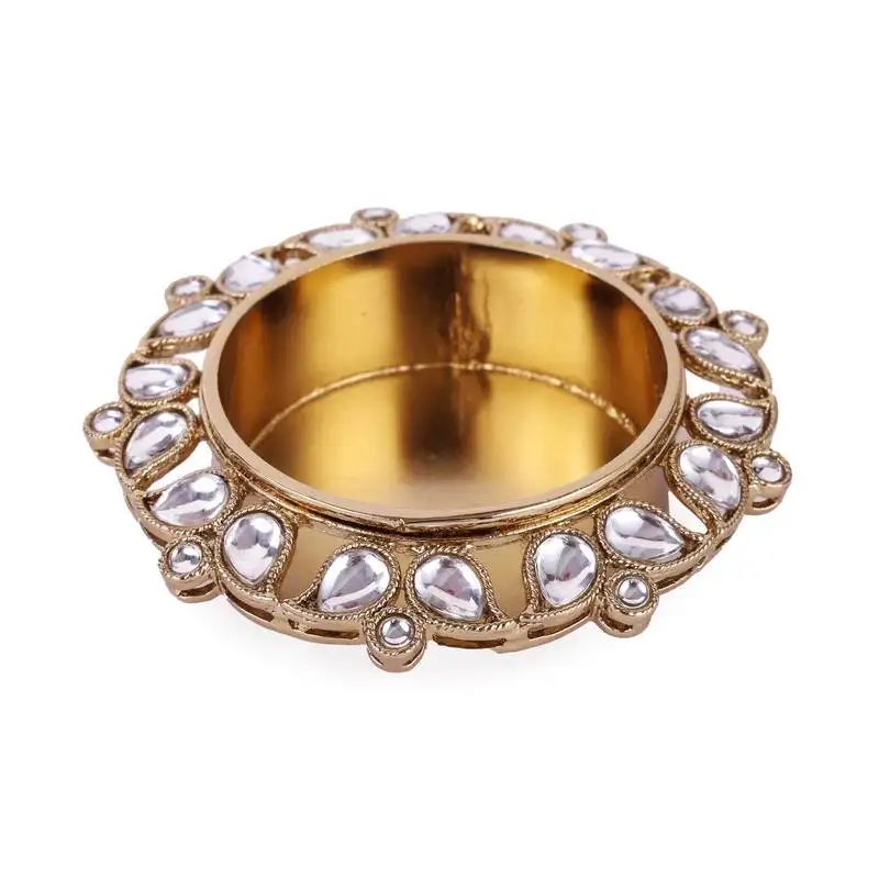 Traditional designer paisley and round shape brass gold plated white stone festival decorative deep :: diya