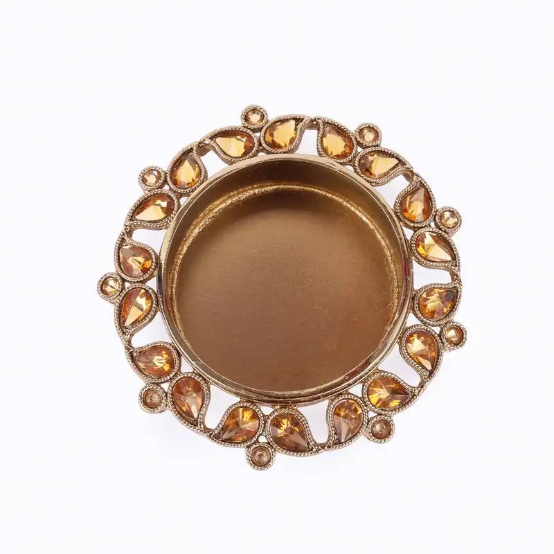 Traditional designer paisley and round shape brass gold plated brown stone festival decorative deep :: diya