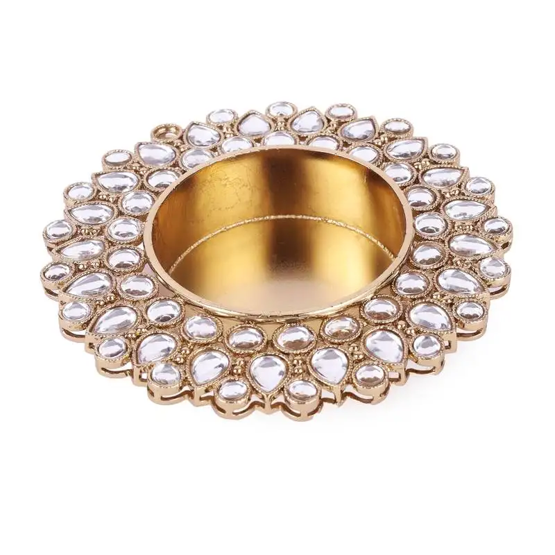 Traditional dazzling oval and round shape brass gold plated white stone festival decorative deep :: diya