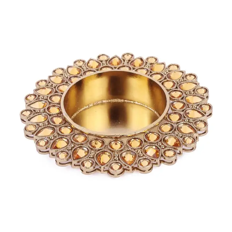 Traditional dazzling oval and round shape brass gold plated brown stone festival decorative deep :: diya