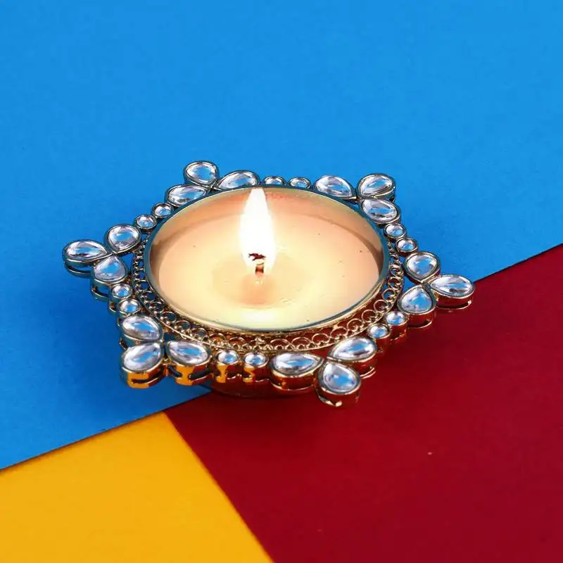 Traditional delightful round and flower design brass gold plated white stone festival decorative deep :: diya