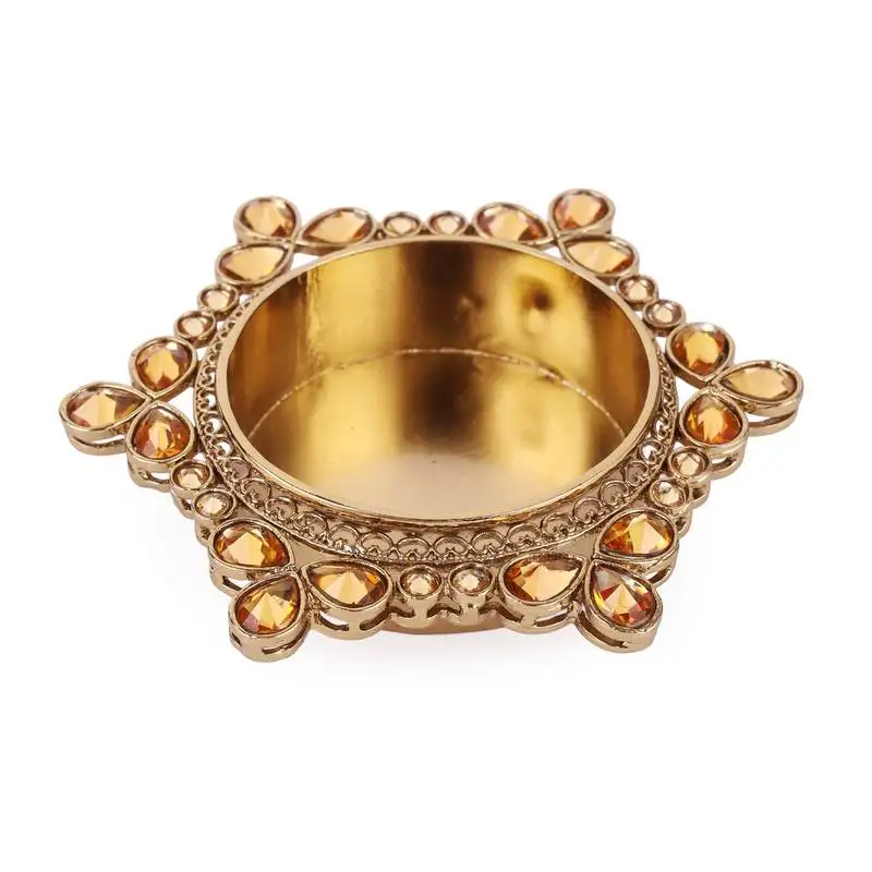 Traditional attractive round and flower design brass gold plated brown stone festival decorative deep :: diya