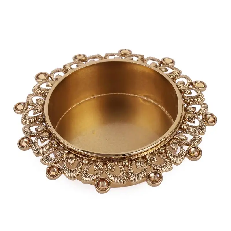Traditional delightful leaf and round shape brass gold plated brown stone festival decorative deep :: diya