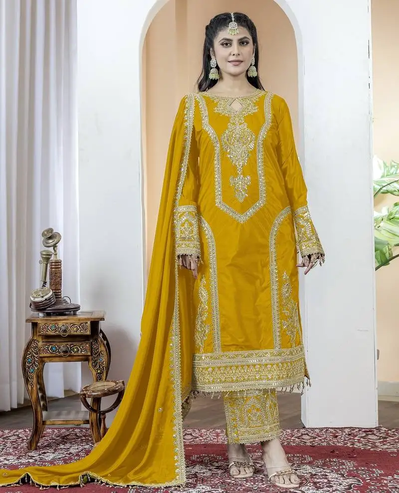 Yellow color chinnon silk embroidery work fully stitched salwar suit
