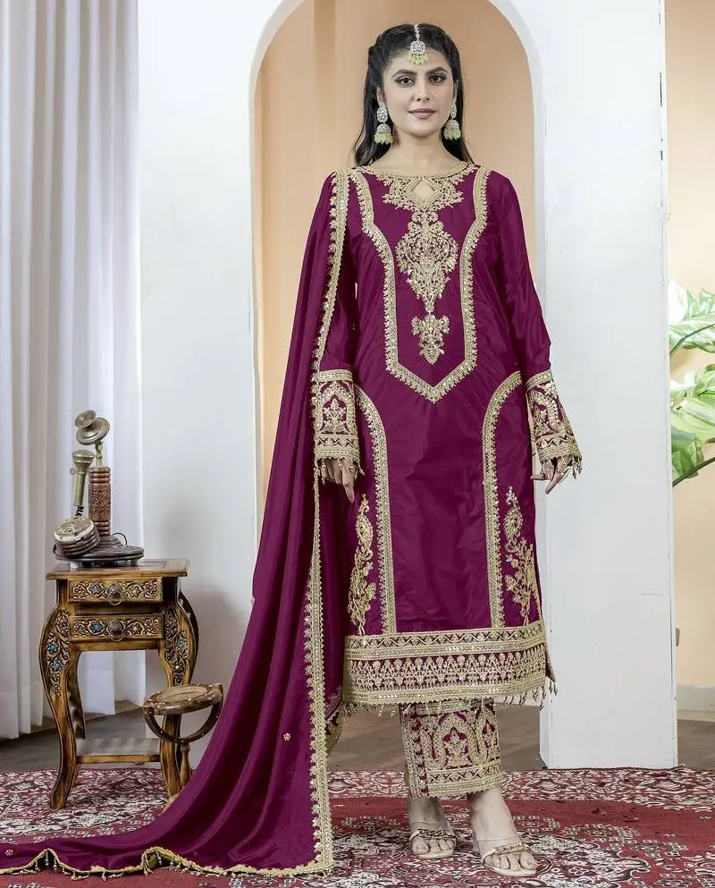 Wine color chinnon silk embroidery work fully stitched salwar suit