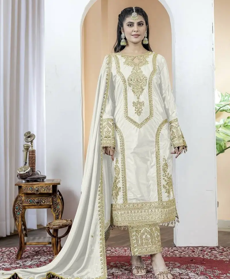White color chinnon silk embroidery work fully stitched salwar suit