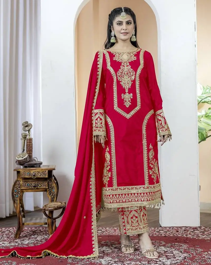 Red color chinnon silk embroidery work fully stitched salwar suit