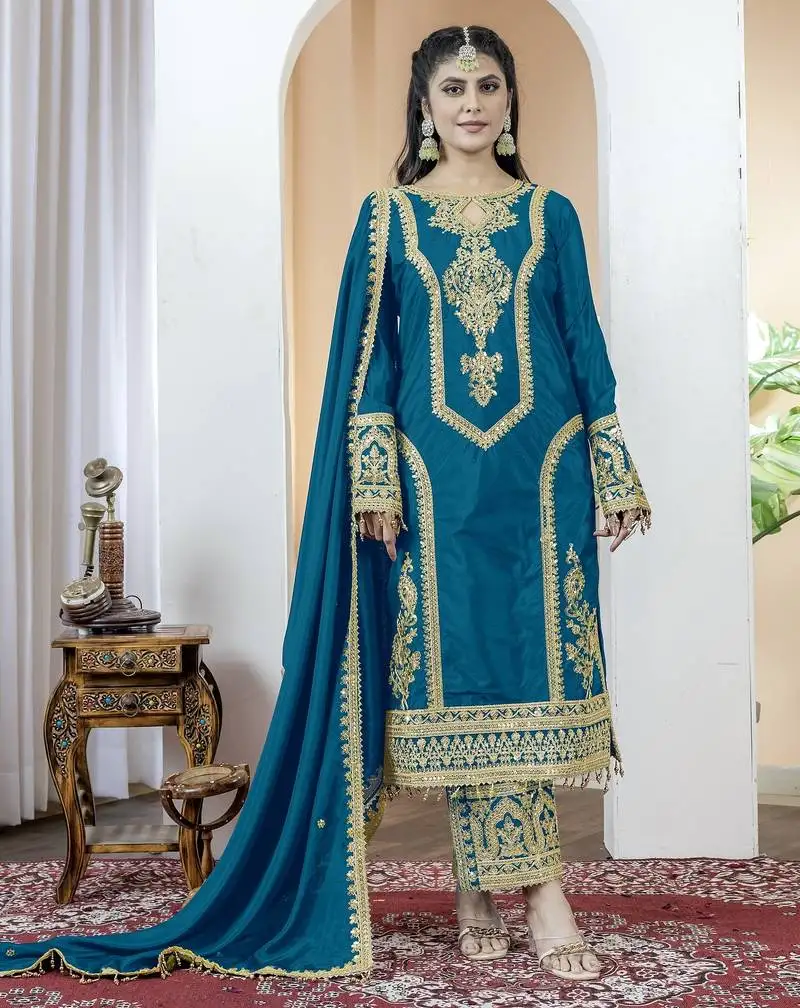 Morepich color chinnon silk embroidery work fully stitched salwar suit