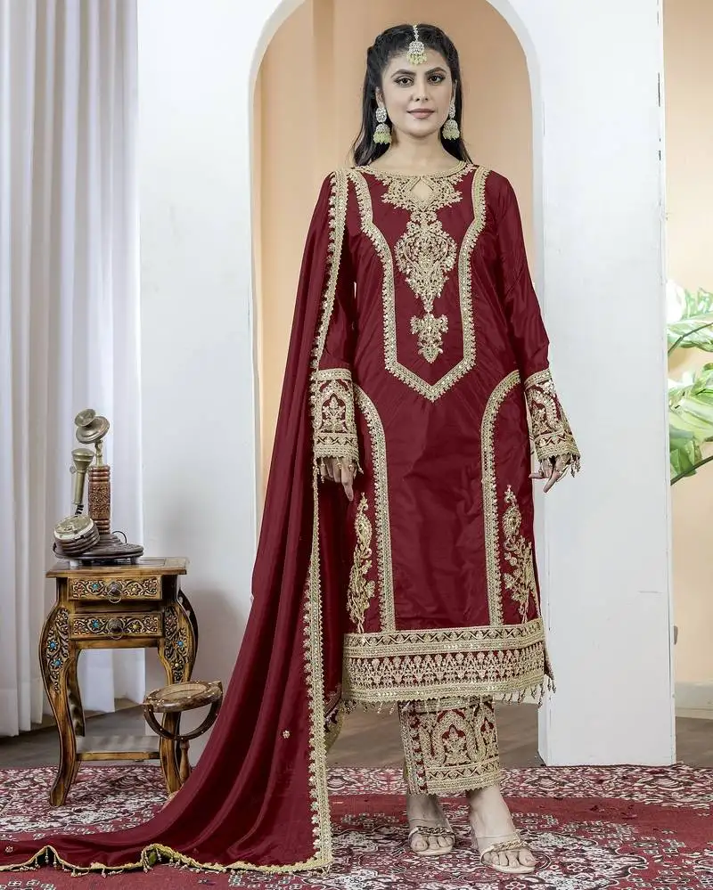 Maroon color chinnon silk embroidery work fully stitched salwar suit