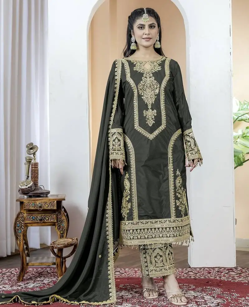 Black color chinnon silk embroidery work fully stitched salwar suit