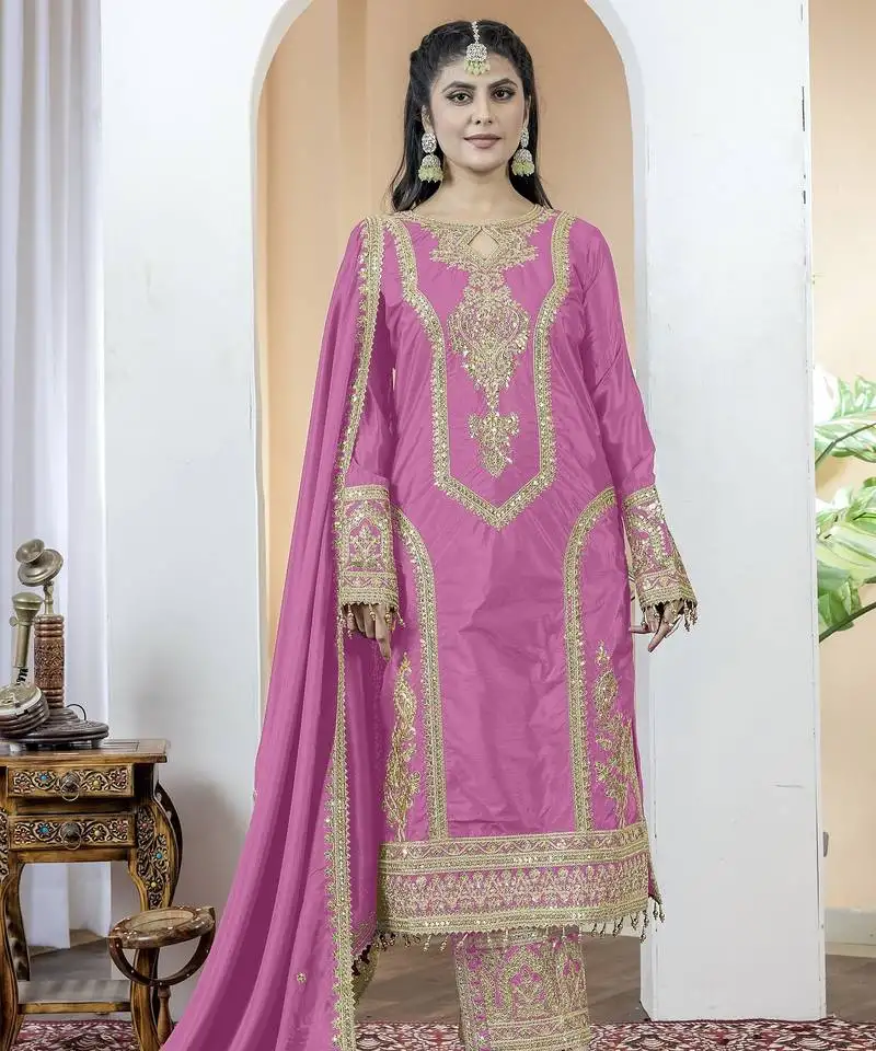 Baby pink color chinnon silk embroidery work fully stitched salwar suit