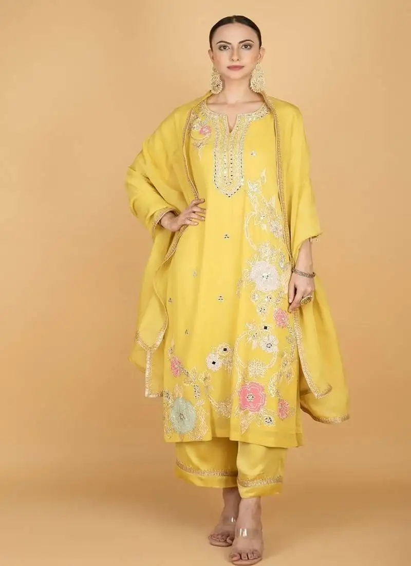 Yellow floral embroidered georgette kurta set