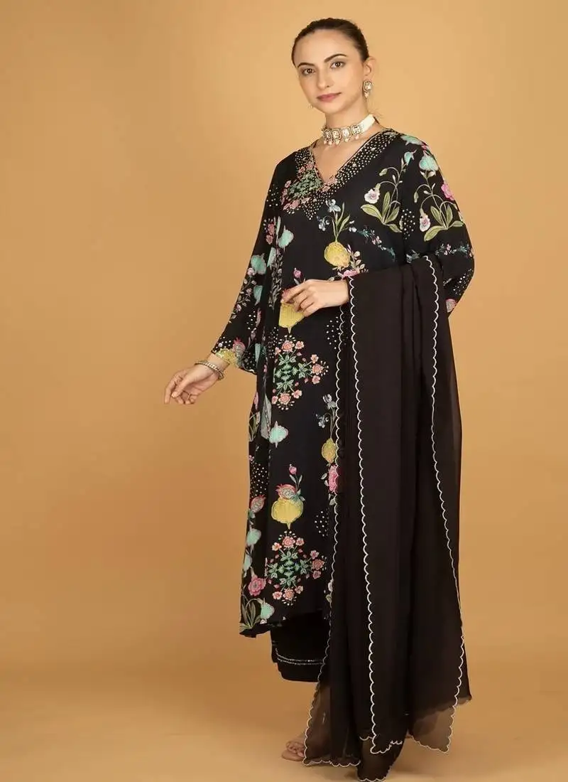 Black floral printed crepe kurta set