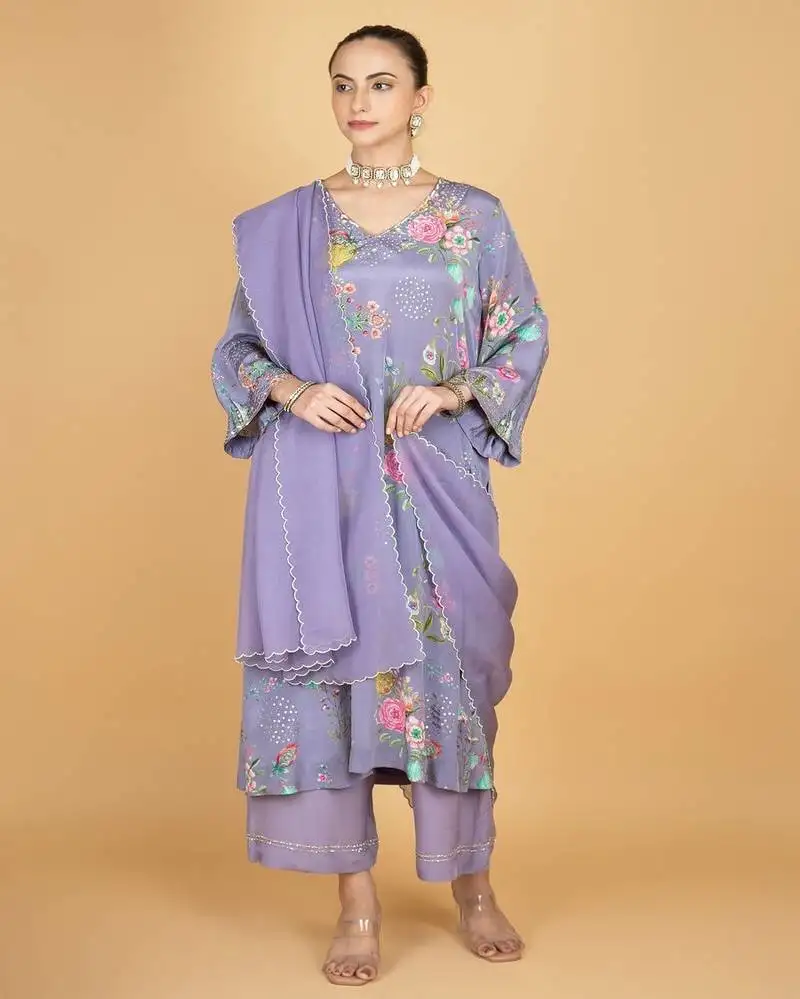 Purple floral printed crepe kurta set