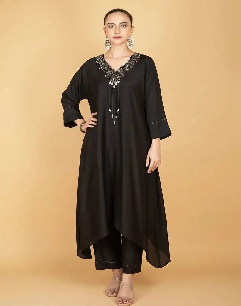 Black plain cotton silk kurta set