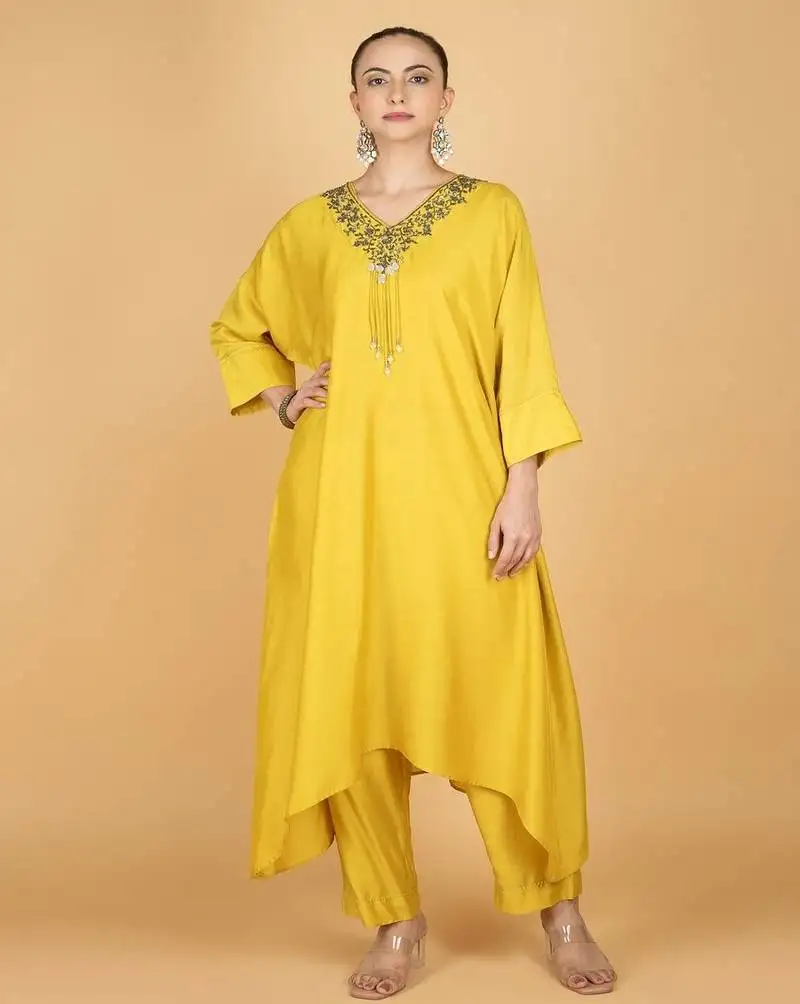 Yellow plain cotton silk kurta set