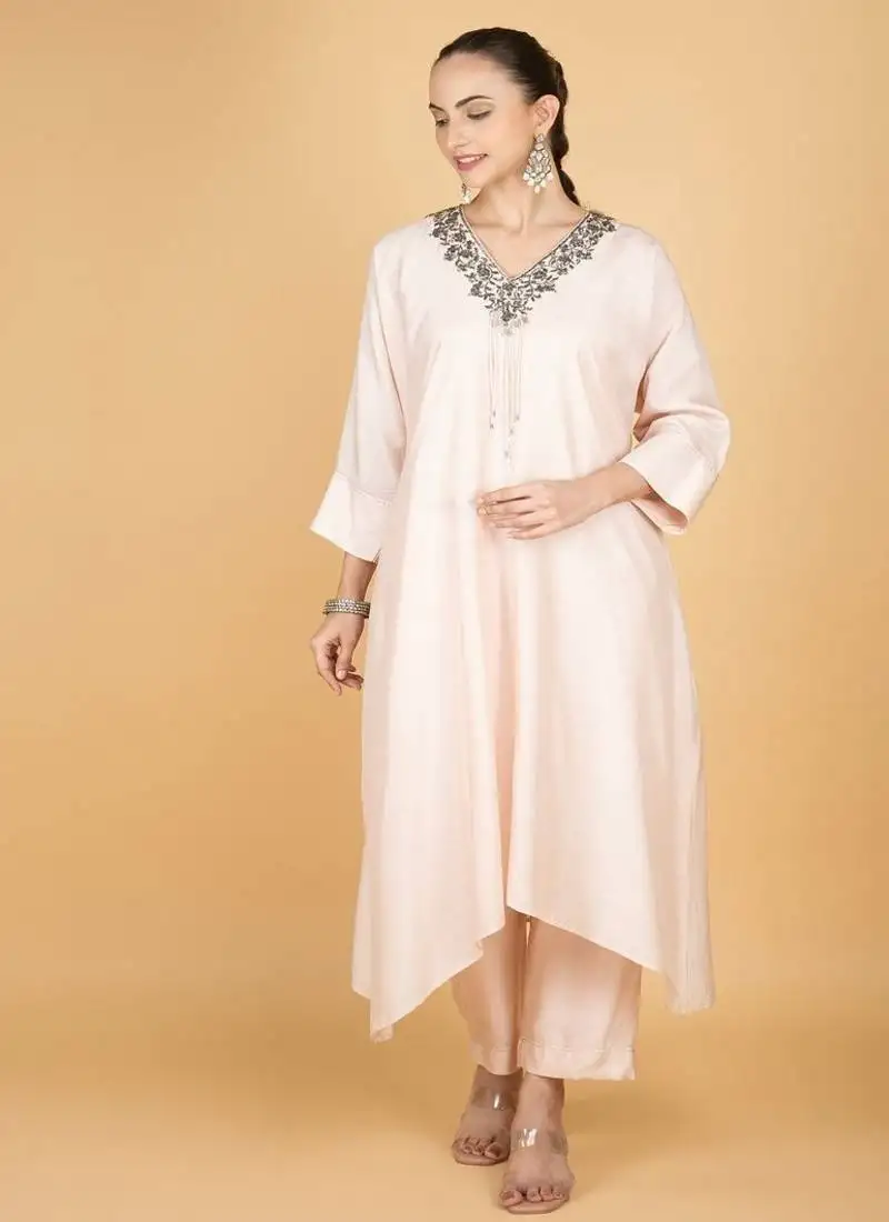Ivory plain cotton silk kurta set