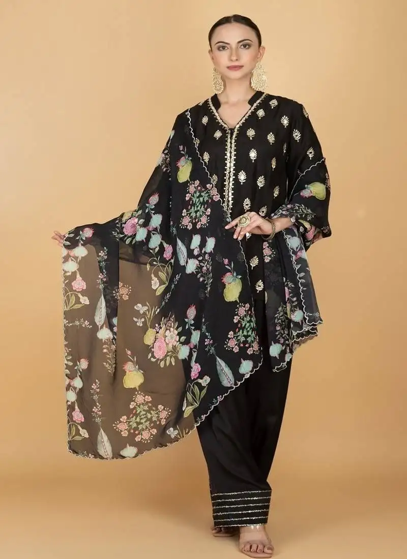 Black floral printed cotton silk kurta set