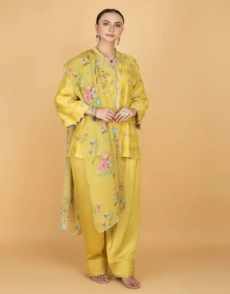Yellow floral embroidered cotton silk kurta set