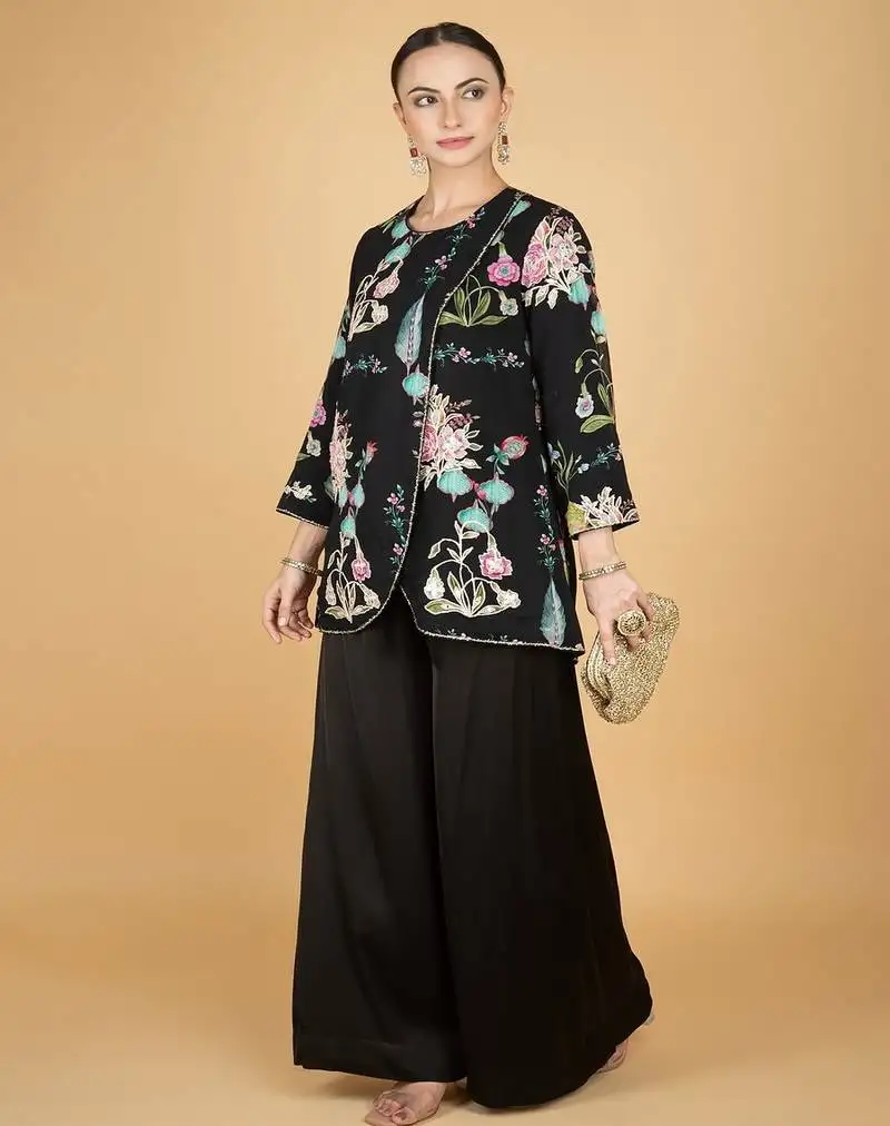 Black floral printed cotton silk co ord set