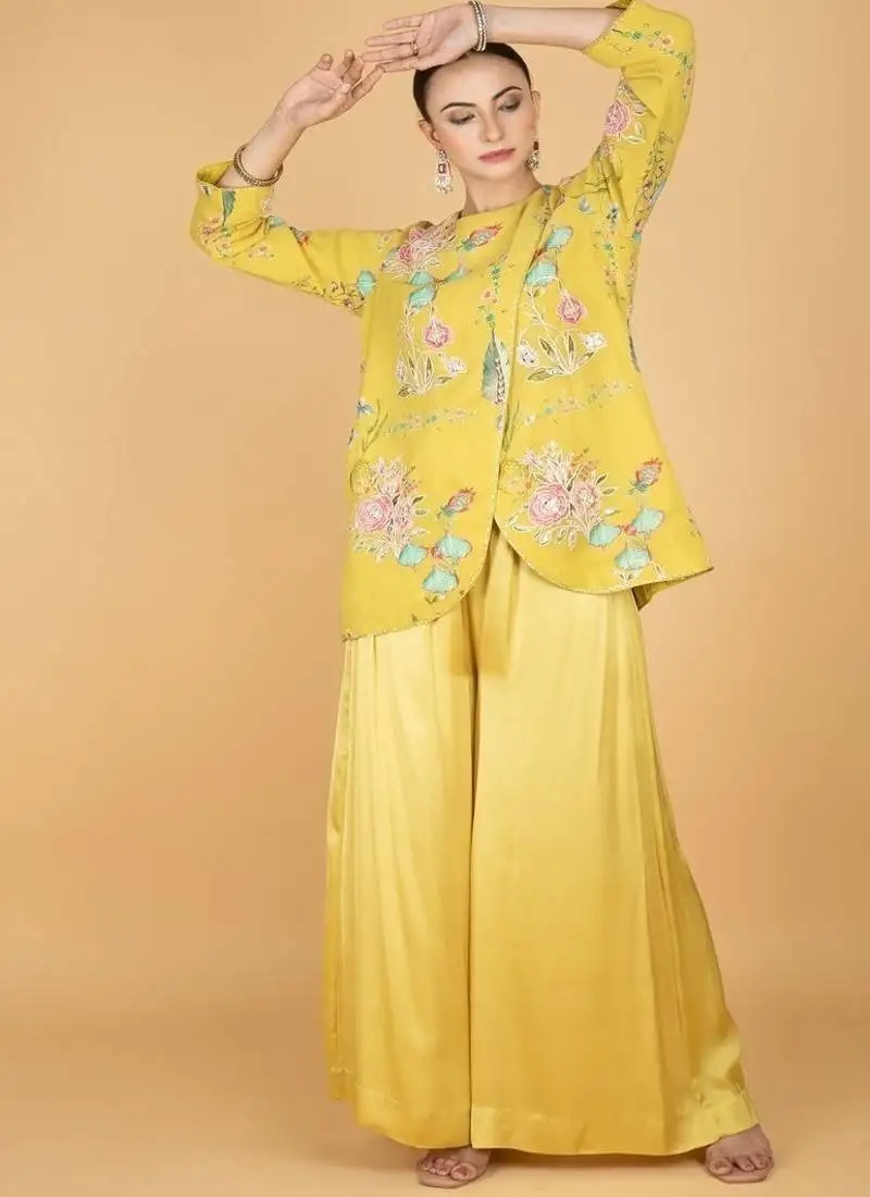Yellow floral printed cotton silk co ord set