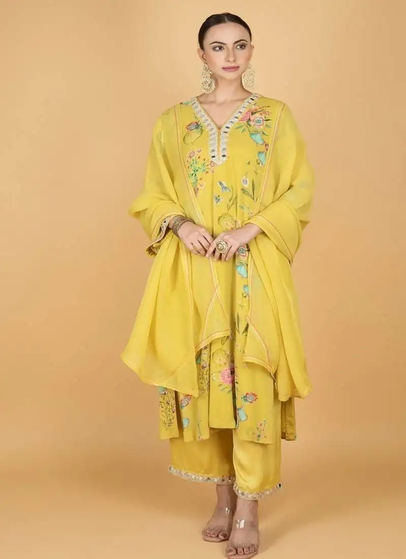 Yellow floral printed crepe kurta set