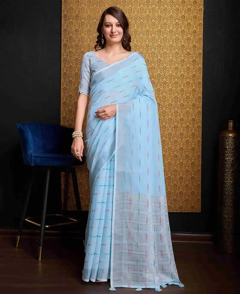 Sky blue organza saree with unstitched blouse