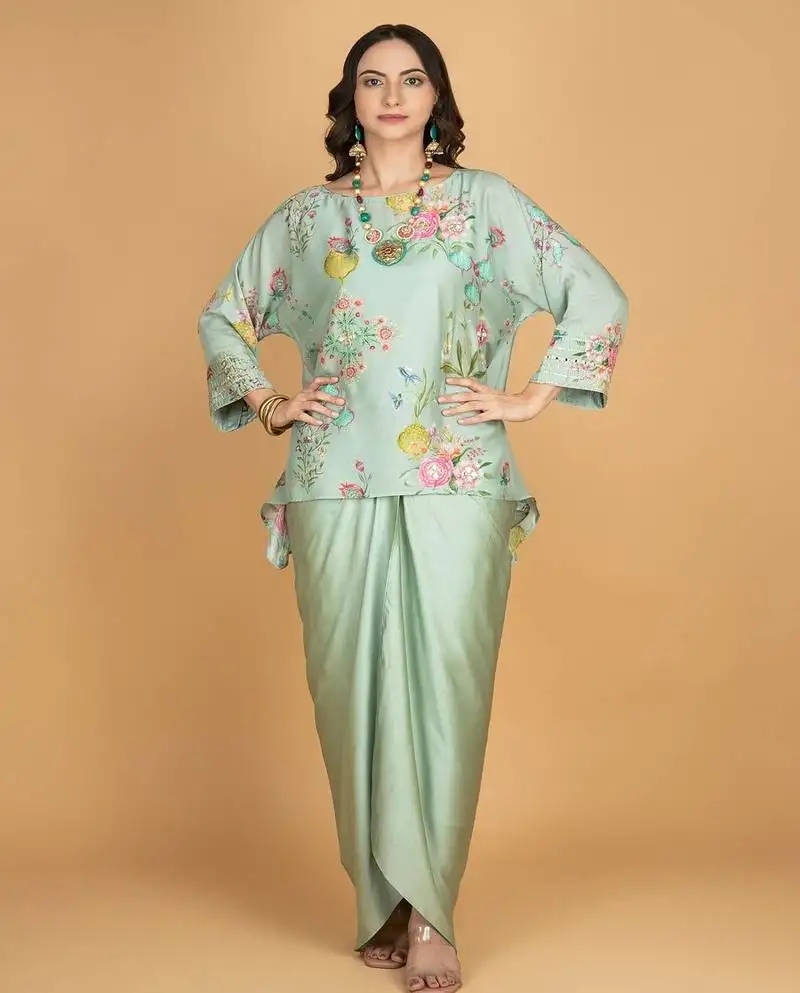 Green floral printed cotton silk co ord set