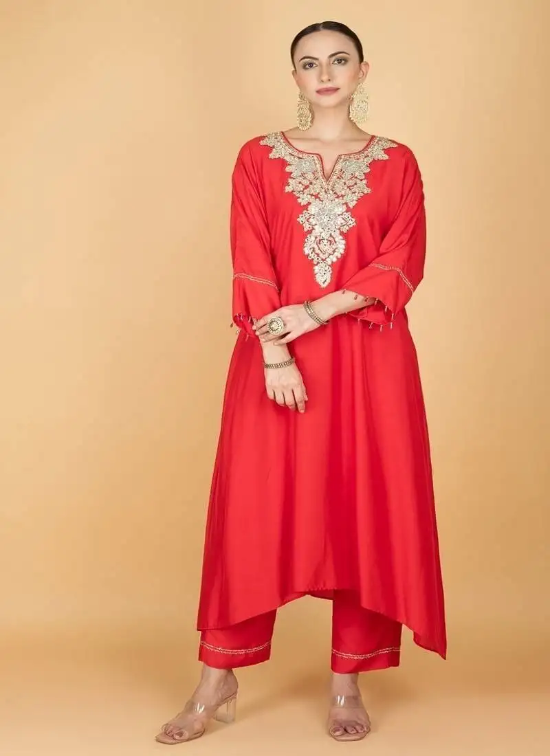 Red floral embroidered cotton silk kurta set