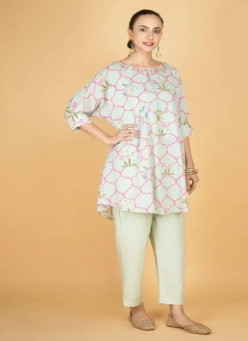 Green floral printed cotton kurta set