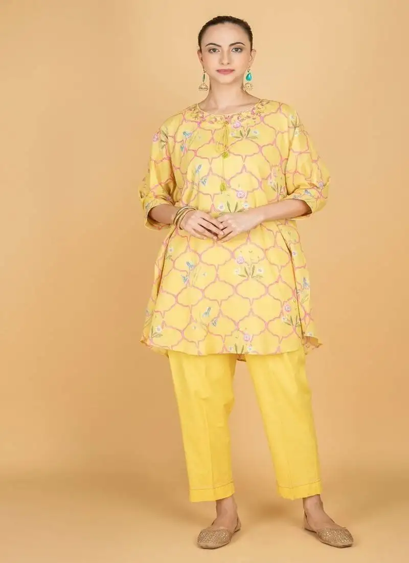 Yellow floral printed cotton kurta set