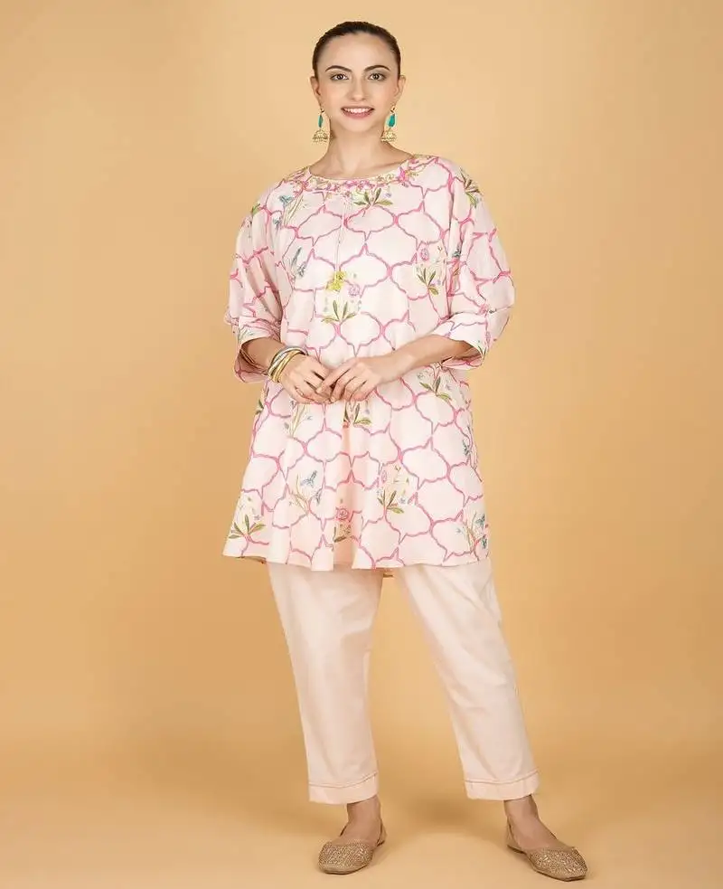 Pink floral printed cotton kurta set