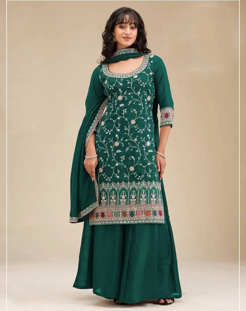 Teal color embroideried faux chiffon semi stitched salwar suit