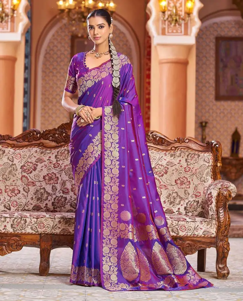 Violet soft silk blend saree with unstitched blouse