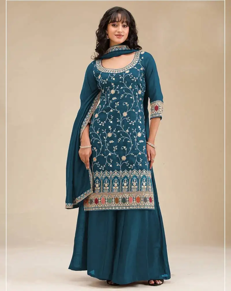 Dark aqua blue color embroideried faux chiffon semi stitched salwar suit